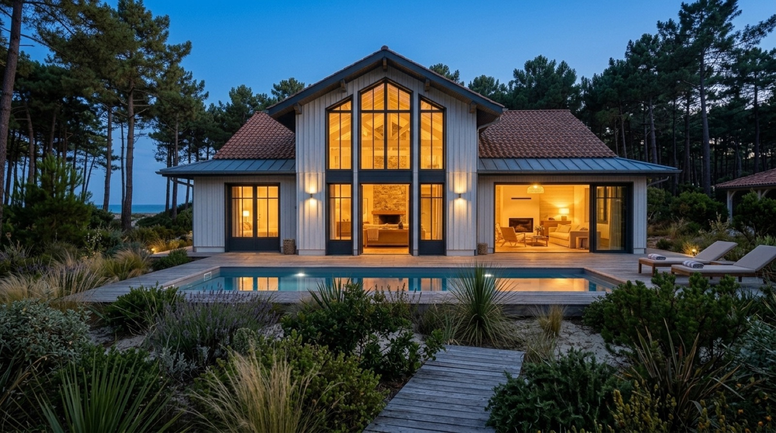 Villa de démonstration, la villa au crépuscule